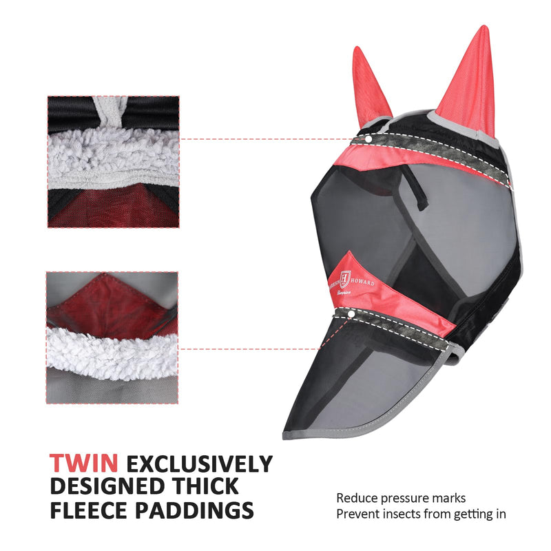 Harrison Howard Horse Fly Mask with Ears & Long Nose Cover, UV Protection, Fine Mesh Fly Mask for Horses, Large Eye Space & Soft Fleece Edging for Turnout & Grazing Orange/Black M
