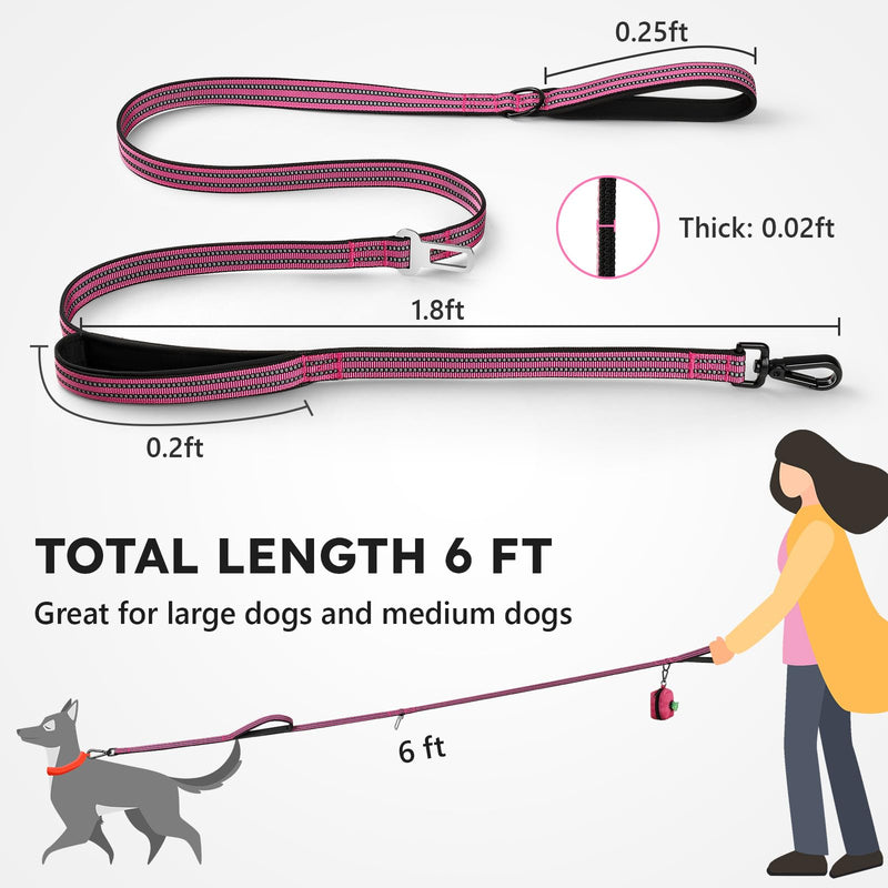 WINGOIN Heavy Duty Dog Leash for Large Medium Small Dogs, Reflective Tactical Dog Training Leash with Double Handles, Poop Bag Holder, Safety Buckle, 6FT Long Lead for Dogs Walking, Running, Pink - PawsPlanet Australia