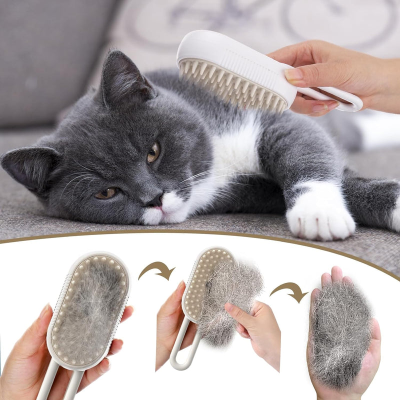 Cat Steam Brush - 5 In1 Grooming Kit for Cats and Dogs Silicone Massage Tool - Stainless Steel Nail Scissors - Hair Detangling Comb - Water Spray Rechargeable Shedding Wash-Free Essence (White) White - PawsPlanet Australia