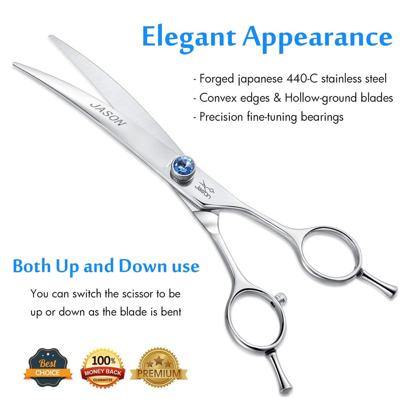 JASON 7" Curved Dog Grooming Scissors, Ergonomic Pets Cats Trimming Shears with Offset Handle and a Jewelled Screw for Right Handed Groomers, Sharp, Comfortable Christmas Gift 7.0"