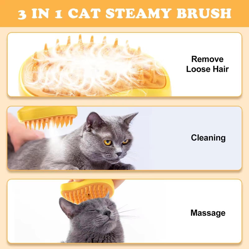 New 3 In1 Steamy Pet Cat Brush Cleanser Vapor, Cat Steam Brush, Cat Hair Brush with Steamer,Steaming Pet Hair Brush, Pet Cat Comb with Steam, Spray Comb for Cats, Steam Pet Brush for Dogs Cats Yellow - PawsPlanet Australia