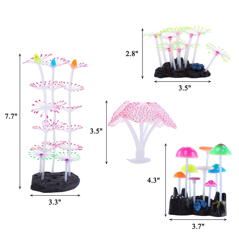 Lpraer 4 Pack Glow Aquarium Decorations Coral Reef Glowing Mushroom Anemone Simulation Glow Plant Glowing Effect Silicone for Fish Tank Decorations 4 Pcs(coral Reef+branch Coral+mushroom+anemone) - PawsPlanet Australia