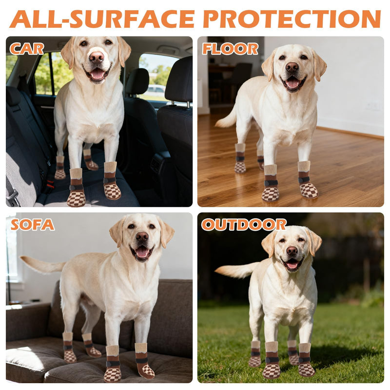 EXPAWLORER Dog Socks to Prevent Licking Paws with Grippers for Hardwood Floors Anti Slip, Reflective Dog Cold Winter Shoes Booties Boots & Paw Protectors with for Small Medium Large Senior Dogs L Brown