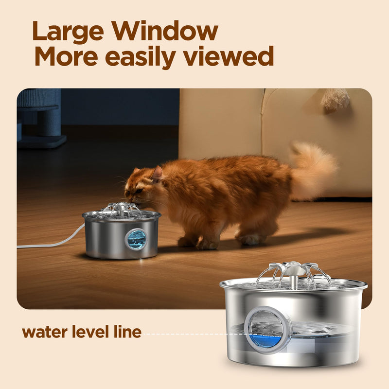 Stainless Steel Cat Water Fountain: 88oz/2.6L Ultra Quiet Pet Fountain with Flower Kitty Spout & LED Blue Light Water Dispenser with Water Level Window for Cats/Dogs Indoor (Silver) - IHOUONE cat Fountain + 1 Filters & 1 Sponges - PawsPlanet Australia