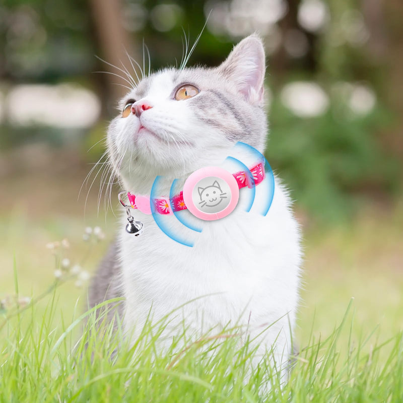 KOOLTAIL Breakaway Cat Collar with Air Tag Holder and Bells, Reflective Cute Kitten Collars, Adjustable Lightweight Safety Buckle Pet Collars for Kitty Boys Girls Cats Holiday, Flower Pink Daisy Rose Red - PawsPlanet Australia