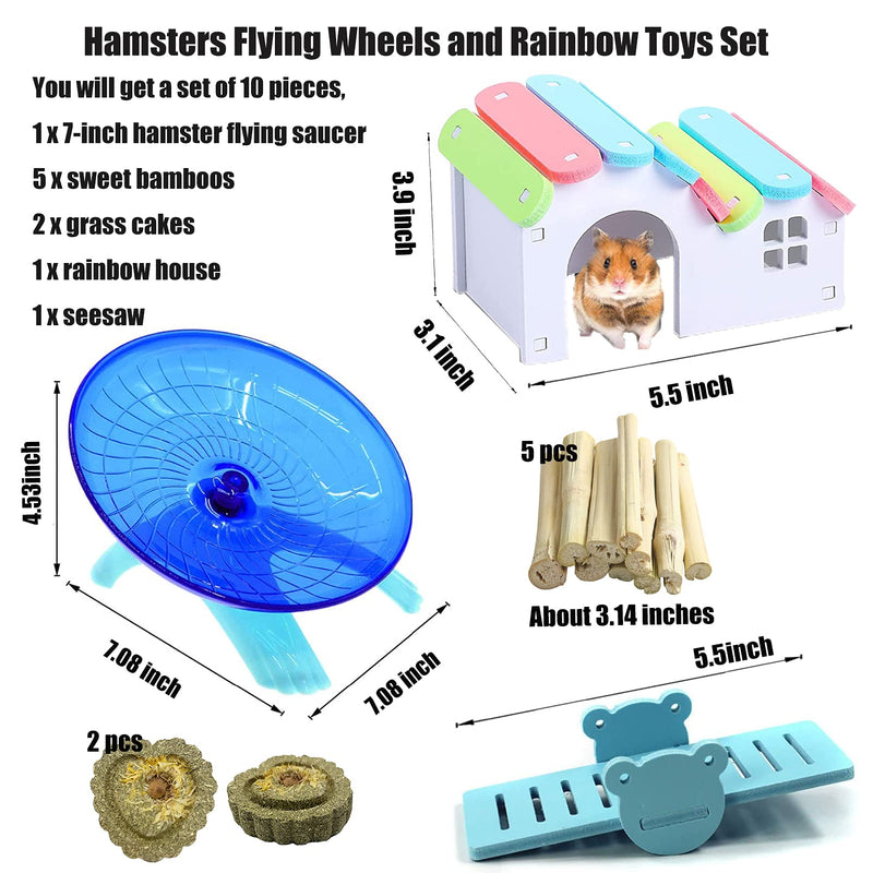 Hamiledyi Hamsters Flying Saucer Silent Running Exercise Wheels 10 Pcs Wooden Rainbow Gerbil House with Seesaw Small Animal Chew Toys for Teeth Care Molar Grass Cake Sweet Bamboo Snacks for Dwarf Mice - PawsPlanet Australia