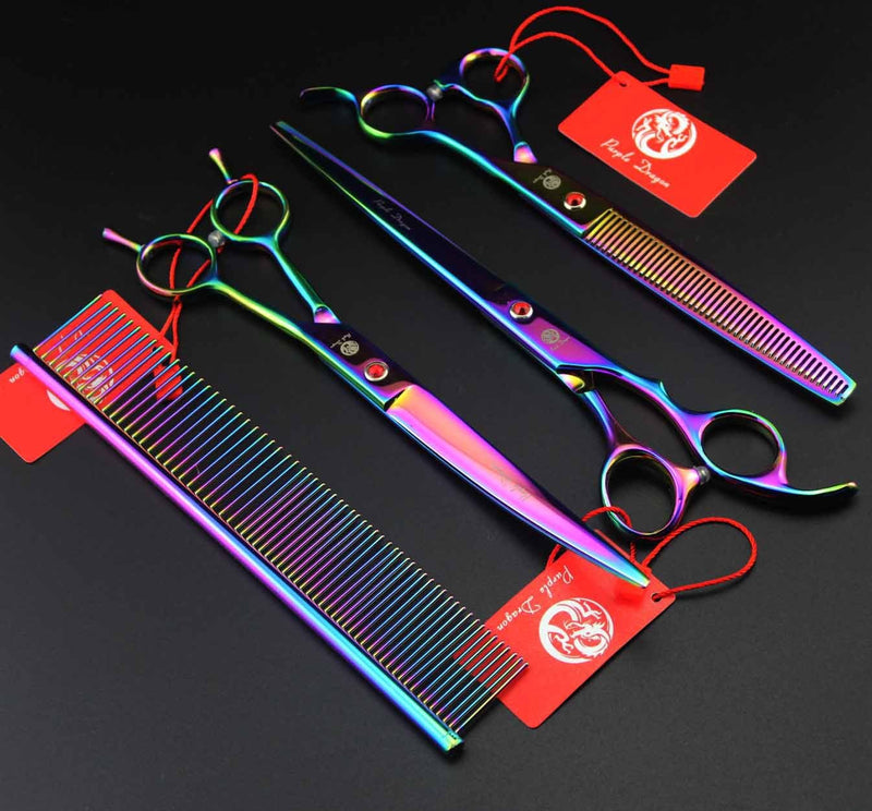 Purple Dragon 8 inch 3 in 1 Professional Pet Grooming Thinning Scissors - Upward Curved Shears and Dog Hair Cutting Scissor - Perfect for Pet Groomer or Family DIY Use (Rainbow) Rainbow