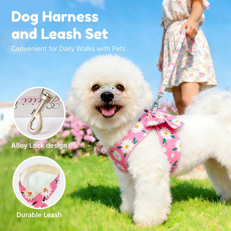 BAEJMJK Dog Harness and Leash Set with Bow Knot No Pull Pet Daisy Floral Harness with D-Ring Soft Mesh Dog Harness Vest Set Escape Proof Princess Puppy Harness for Small Girl Dogs Cats?Pink M? Medium Pink - PawsPlanet Australia