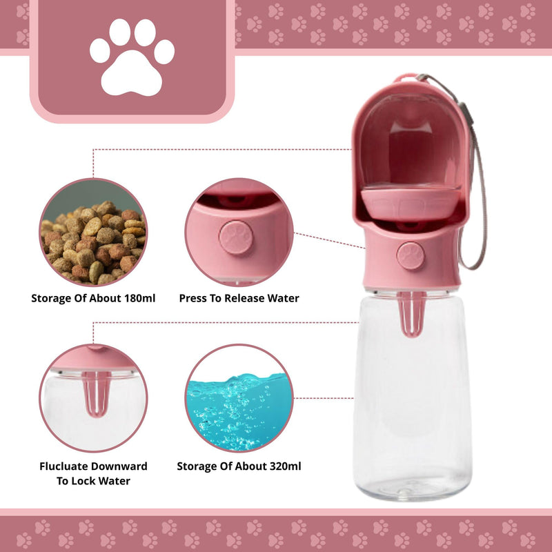 Leak Proof Portable Dog Water Bottle with Bowl – Travel Pet Water Dispenser for Walking & Hiking – Food Grade Plastic – Choose from 3 Colors (Pink, 320 ml) Pink - PawsPlanet Australia