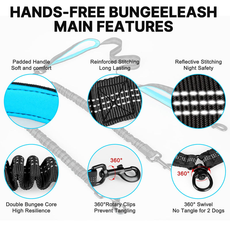 Hands Free Double Dog Leash Tangle Free, Lumbar Support Dual Leash for Medium Large 2 Dogs With Bungee, Waist Bag, Padded Handles,Reflective Stitching for Dog Walking, Jogging, Hiking, Training