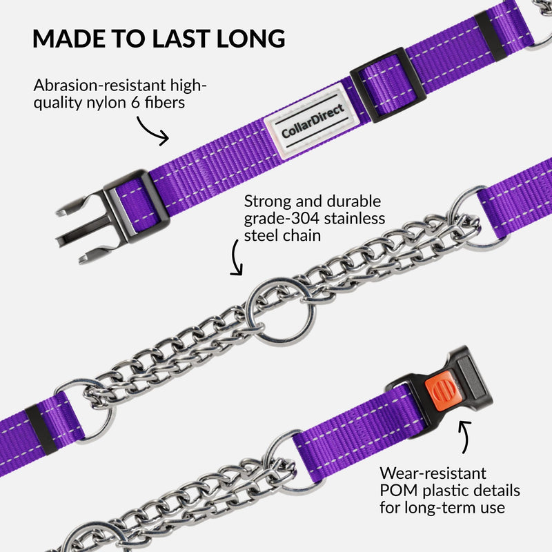 CollarDirect Martingale Dog Collar with Stainless Steel Chain and Quick Release Buckle - Reflective Collar for Large, Medium, Small Dogs - Purple, Medium (Neck Size 14"-17")