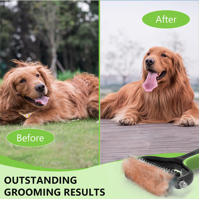 Pet Grooming Supplies - 2-in-1 Professional Undercoat Rake and Pet Brush | Shedding Control for Long Haired Dogs and Cats, Deshedding Tool, Furminator for Dogs, Green - PawsPlanet Australia