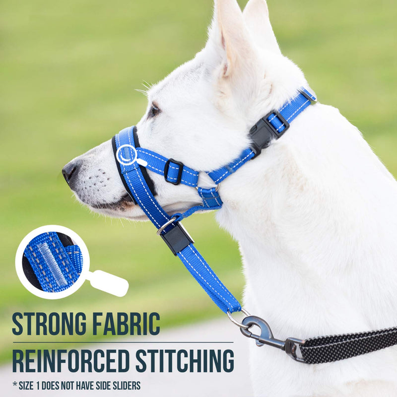 GoodBoy Dog Head Halter with Safety Strap - Stops Heavy Pulling On The Leash - Padded Headcollar for Small Medium and Large Dog Sizes - Head Collar Training Guide Included (Size 1, Blue Nylon) Size 1 (Pack of 1) Blue Nylon / Black Padding - PawsPlanet Australia
