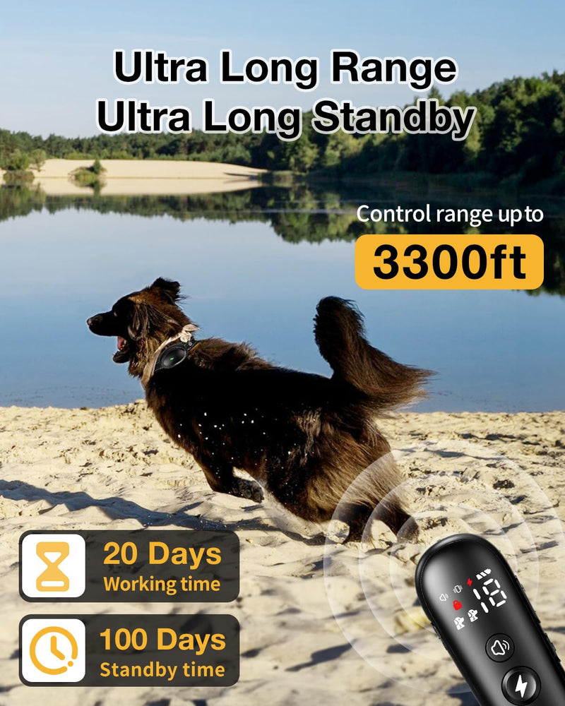 Dog Training Collar, Dog Shock Collar with Remote Control - 3300 Ft, Ip67 Waterproof and 3 Adjustable Modes Collar for All Breeds of Furry Kids 8-150 Lbs, Black