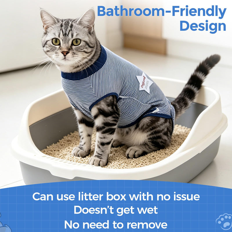 Cat Recovery Suit Surgery Spay Neuter Onesie, Breathable Anti-Licking Female Cat Kitten Bodysuit for Abdominal Wounds Skin Disease Post-Surgery Healing (Blue & White Stripes) (X-Small) X-Small