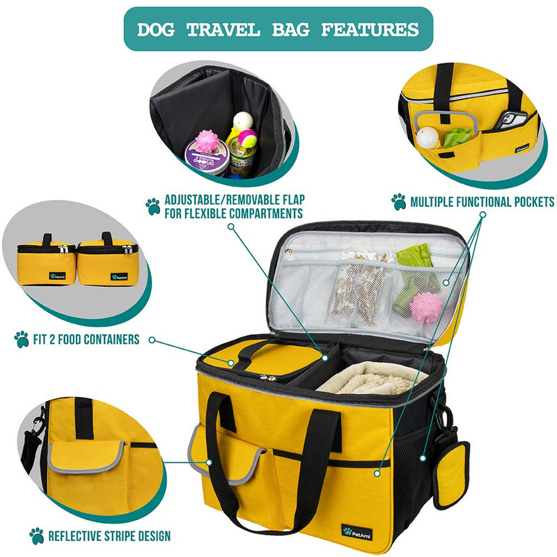 PetAmi Dog Travel Bag, Travel Pet Bag Organizer, Dog Food Travel Bag with Food Container and Bowls, Dog Travel Supplies Gift Accessories for Weekend Camping, Dog Cat Diaper Bag (Yellow, Medium) Medium - 14.5"L x 8"W x 12.0"H Yellow