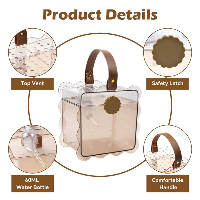 Portable Hamster Carrier Cage,7.87 x 7.87 x 5.51 Inches Dwarf Hamster Carrying Cage with Water Bottle Ventilation Holes Outdoor Hamsters Travel Cages for Mice,Sugar Glider,Gerbils,Rat(Brown) 【Brown】 - PawsPlanet Australia