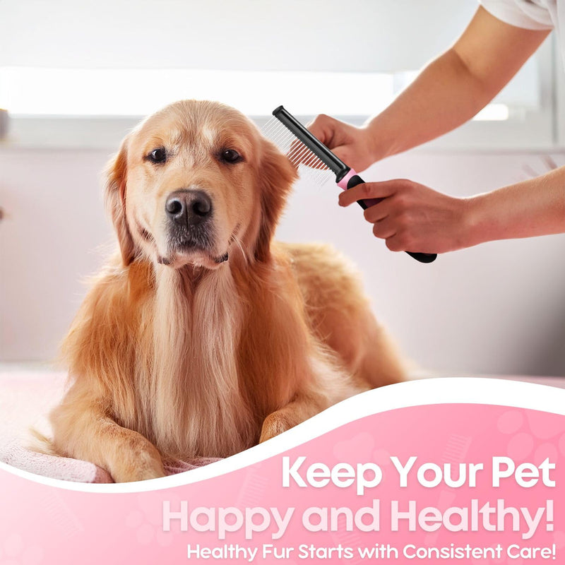 Flexzion Dog Comb - Pet Cat Grooming Trimmer Brush Stainless Steel Blade for Small Animal Puppy Matted Tangles Hair Cutting Removing Tool with Rounded Teeth Needle Soft Grip Handle (Pink) - PawsPlanet Australia
