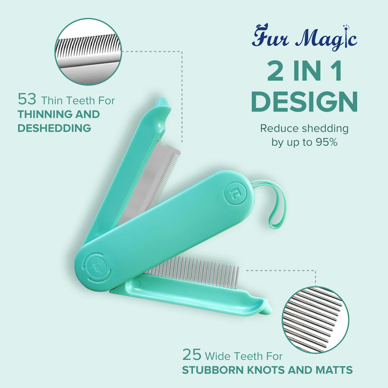 Fur Magic Deshedding and Dematting Comb, 2 Sided Foldable Pet Grooming Brush for Deshedding, Mats and Tangles, Reduce Shedding for Dogs and Cats with Medium and Short Hair, Green - PawsPlanet Australia