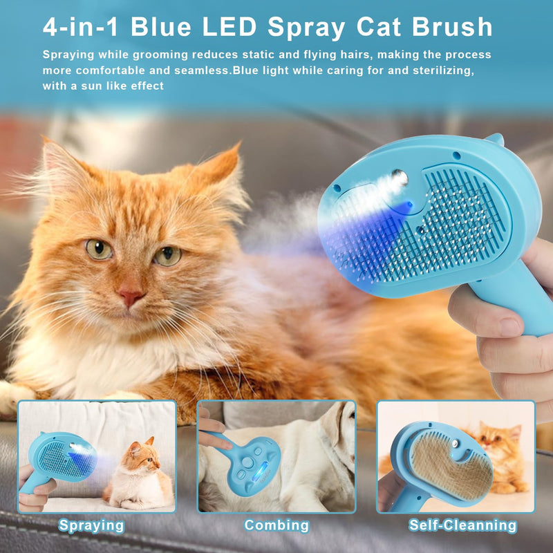 Pet Steam Hair Comb Brush for Shedding, 4 In 1 Spray Brush for Long & Short Haired Cat&Dog, Self-Cleaning Hair Remover with Water Tank And LED Blue Light, Release Button(Blue) - PawsPlanet Australia