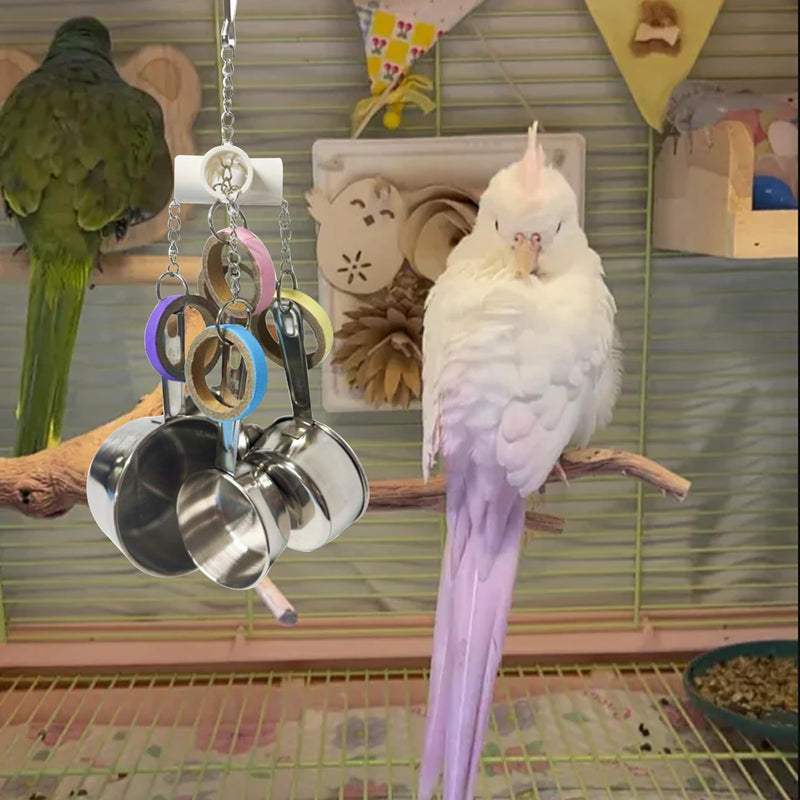 LWINGFLYER Stainless Steel Parrot Toys, Pullable Stainless Steel Cup and Cardboard Ring Toys Hanging Chew Bird Toys for Large Parrots，African Grey, Amazon Parrots - PawsPlanet Australia