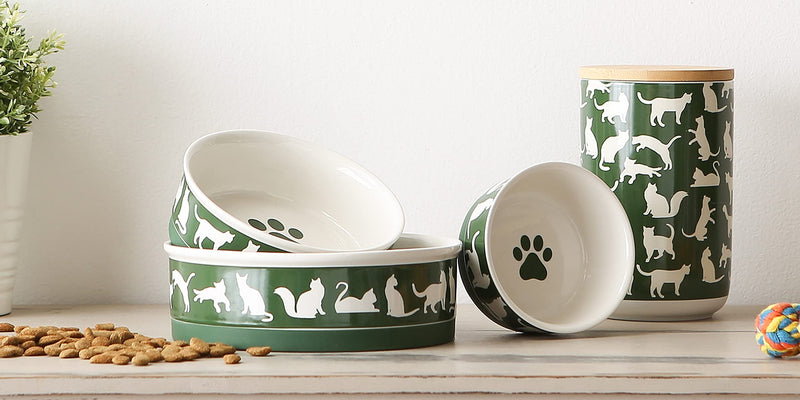 Bone Dry Ceramic Cat Bowls, Microwave & Dishwasher Safe, Large Set, 7.5x2.4, Hunter Green, 2 Count Large Set, 7.5x2.4"