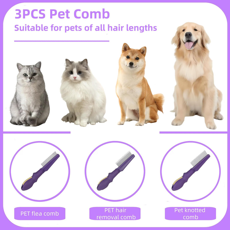 Temapex 3PCS Pet Comb for Grooming Long & Short Haired Cats & Dogs With Stainless Steel Metal Teeth for Removes Tangles & Flea, Non-Slip & Anti-Static Rubber Handle, Safe & Gentle Pet Detangling Comb + Flea Comb + Grooming Comb - PawsPlanet Australia