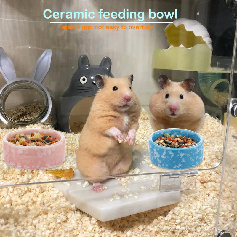 2 Pcs Hamster Ceramic Food Bowl, Small Animals Chew-Resistant Food and Water Dish (Blue and Pink)