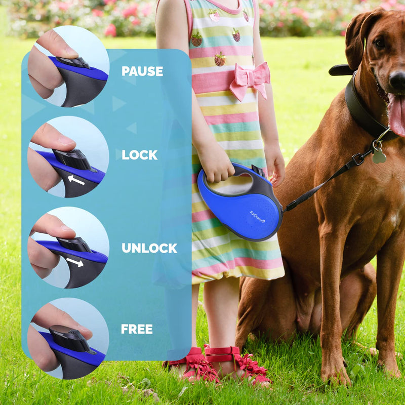 FurDreams Nylon Dog Lead - 5m (50kg/110lbs), Retractable Dog with Lock Button, Heavy Duty Extendable Lead, Anti-Tangle Leash with Comfortable Handle (Blue, Large) Blue