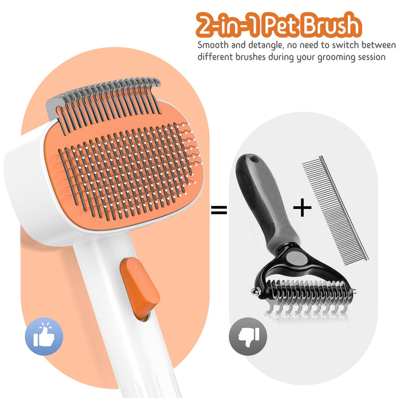 Self Cleaning Slicker Brush, 2-in-1 Cat Brush for Shedding, Skin Friendly Grooming Tool for Long & Medium-Long Hair Pets, Adjustable Bristle Length with Dematting Comb for Cats, Dogs (Orange) Orange - PawsPlanet Australia