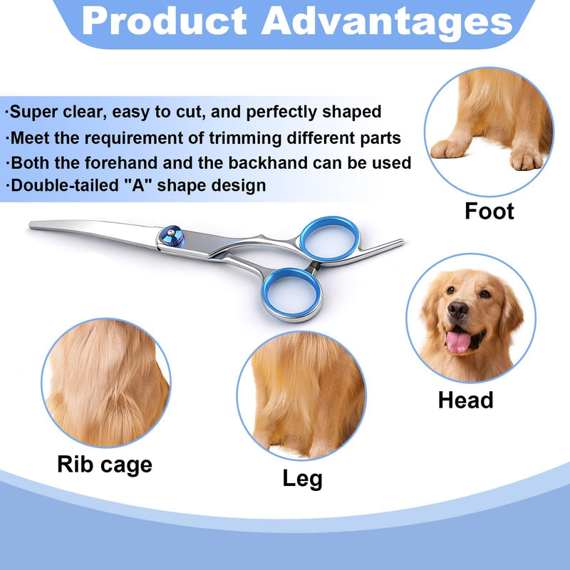 2 Pack Dog Grooming Scissors Set with Safety Round Tips Thinning Shears and Curved Scissors Stainless Steel Pet Grooming Kit for Long Short Hair for Dogs and Cats (Blue)