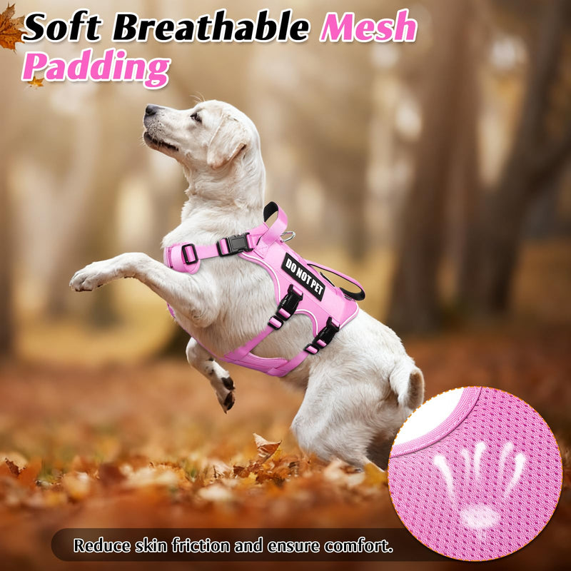 WINSEE Escape Proof Dog Harness, Service Working Molle Harness with Double Handle, Tactical Pet Vest with 4 Patches for Small Medium Large Dogs Walking Hiking Hunting Pink