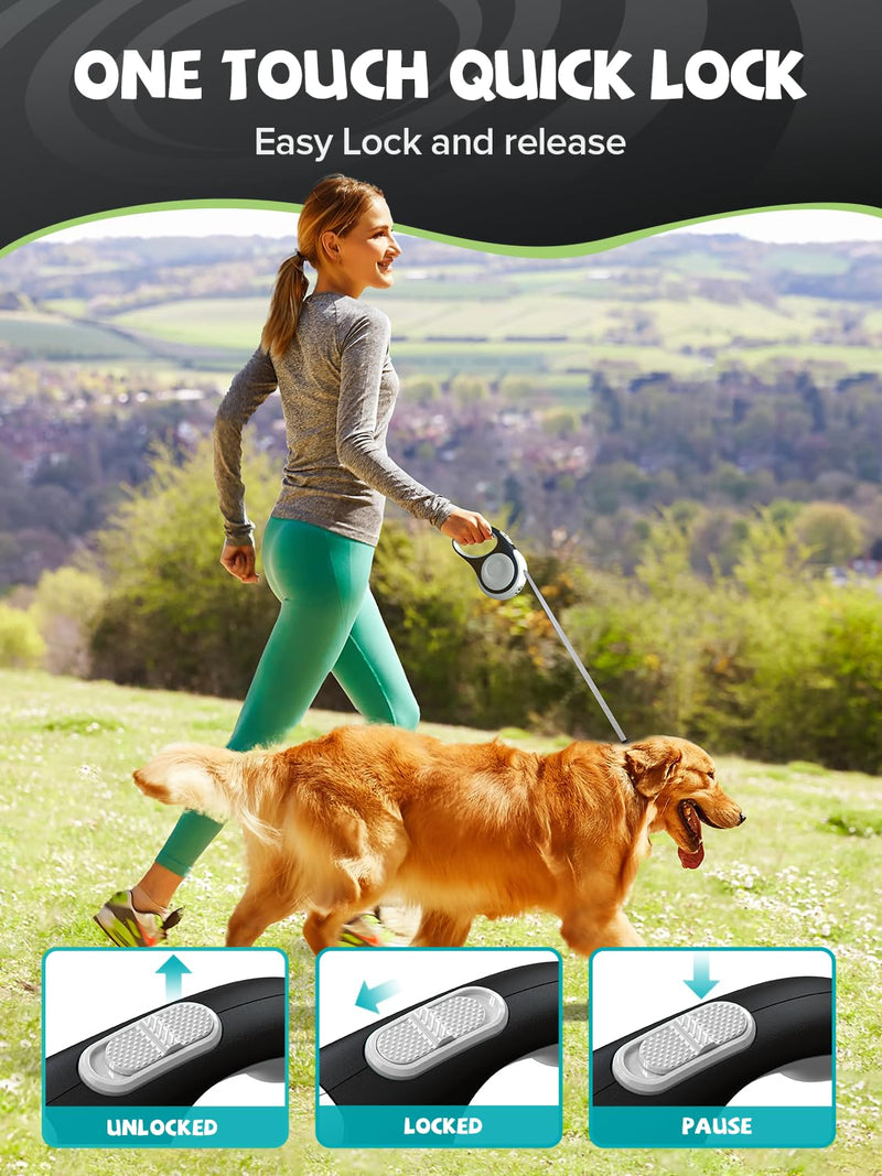 Retractable Dog Leash with LED Flashlight, Douexio Upgrade 3 in 1 Dog Leash Retractable for Small Medium Dogs Up to 66 lbs, 16ft, Anti-Slip Handle,One-Handed Brake (White) White - PawsPlanet Australia