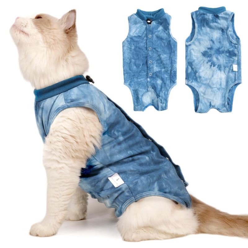 Cat Recovery Suit for Male and Female Surgical Post Surgery Soft Cone Onesie Tie Dye Cats Shirt Clothes Neuter Licking Protective Diapers Outfit Cover Kitten Spay Collar Alternative(Navy Blue, M) Medium Navy Blue