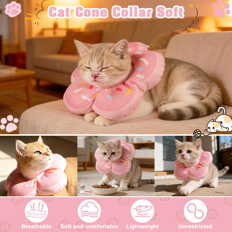 QKURT Cat Cone Collar Soft, Adjustable Waterproof Pet Recovery Collar, Cute Donut Pattern Neck Cat Cones After Surgery, Prevent Licking Biting Protect Wounds for Puppies, Cats, Petal Shape Pink S