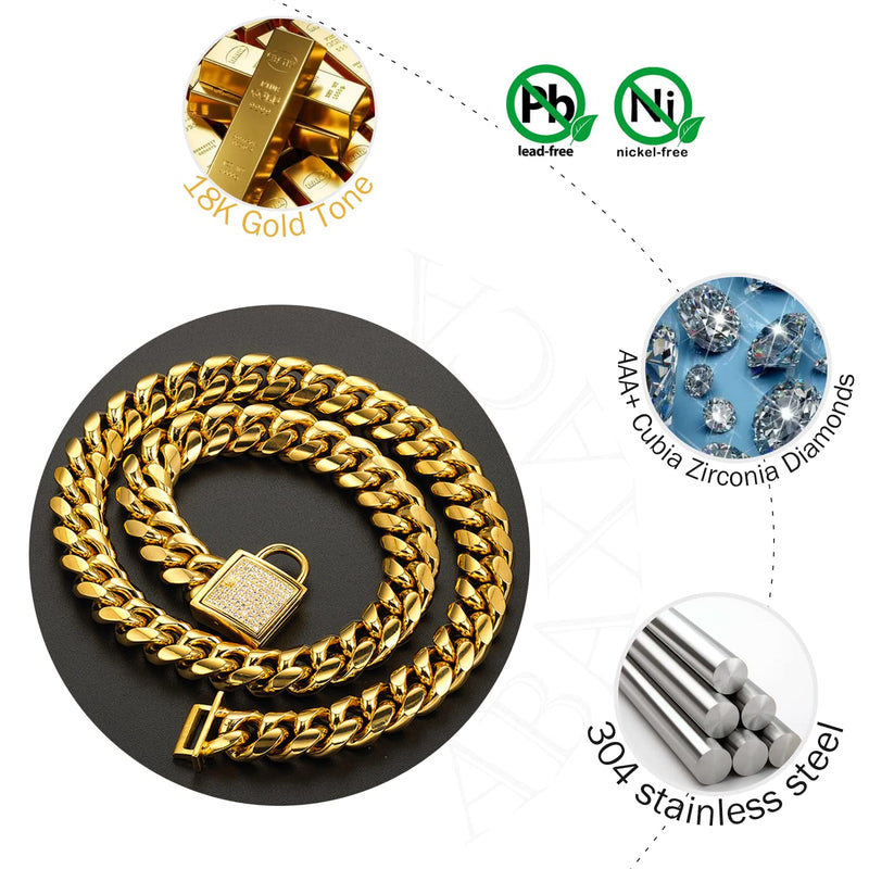 Designer Dog Collar Gold Metal Stainless Steel with Zirconia Lock 14mm 18K Gold Big Dog Luxury Training Collar Cuban Lock Link Necklace Chain(24 inch) 24 inch - PawsPlanet Australia