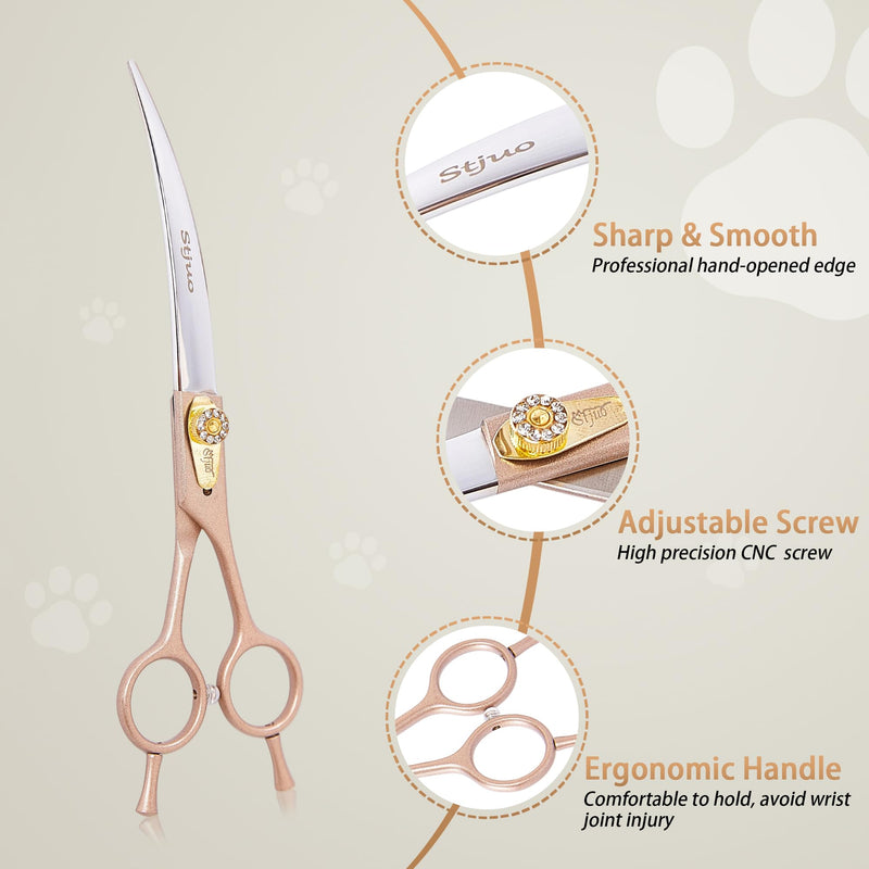 Professional Dog Grooming Scissors Rose Gold 440C Stainless Steel Straight Thinning Curved Chunker Shears for Pet Grooming Services Dogs and Cats (Curved, 7‘’) 7‘’ - PawsPlanet Australia