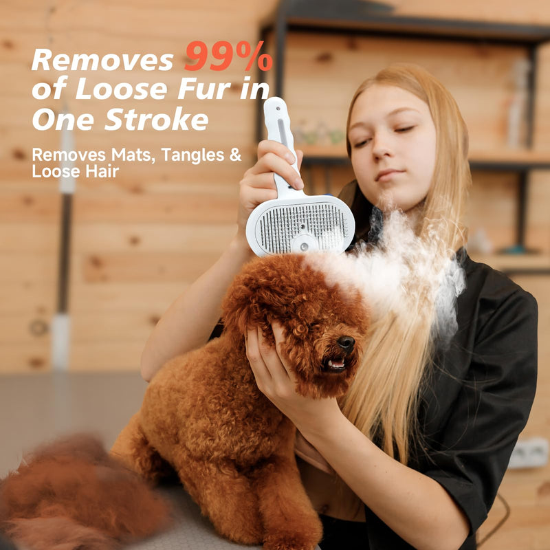 Steam Dog Brush for Shedding & Grooming - Self-Cleaning Deshedding Brush with Spritz Function, Slicker Pet Spray Hair Removal Comb | Defurring Tool for Long and Short Haired Dogs Cats (White) White - PawsPlanet Australia