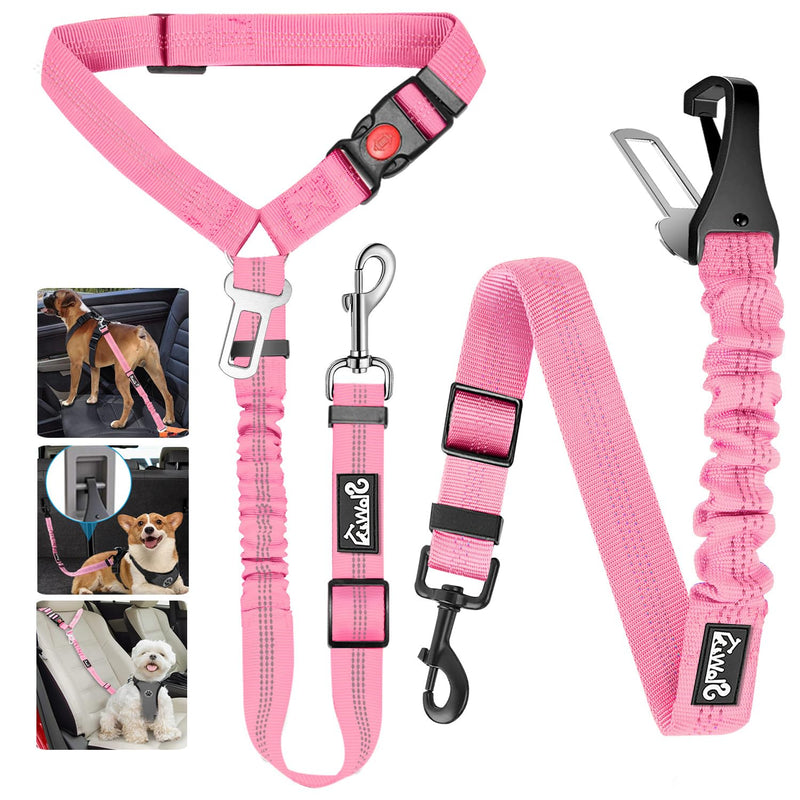 Lukovee Dog Seatbelt Leash for Cars, 2 Pack Pet Safety Car Seat Belt with Adjustable Buckle & Reflective Bungee, Connect Dog Harness in Vehicle Car Dogs Restraint Travel Daily Use (Pink) A-Pink A- Headrest with Clip + 2 in 1 Seat Belt