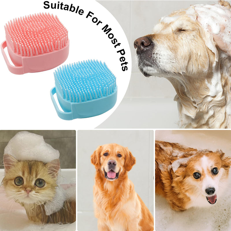 Pet Bath Brush Scrubber, Soft Silicone Shampoo Dispenser with Shower Grooming & Adjustable Ring Handle for Short/Long Haired Dogs and Cats, Pink+Blue 1PCS - PawsPlanet Australia
