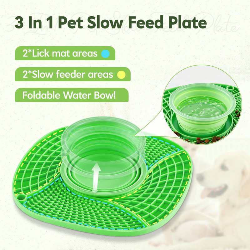Licking Mat Slow Feeder for Dogs and Cats, Premium 3 in 1 Lick Pad & Foldable Water Bowl w/Suction Cups for Dog Anxiety Relief,Slow Feeder Dog Healthy Eating Bowl, Bathing, Grooming, Training (Green) Green - PawsPlanet Australia