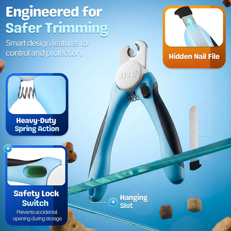 Flexzion Pet Nail Clippers for Dogs & Cats - Stainless Steel Blade Cat Nail Trimmer with Stored Nail File, Safety Guard, Easy Grip Handle - Dog Nail Clippers for Large Dogs, Medium Small Breeds, Blue