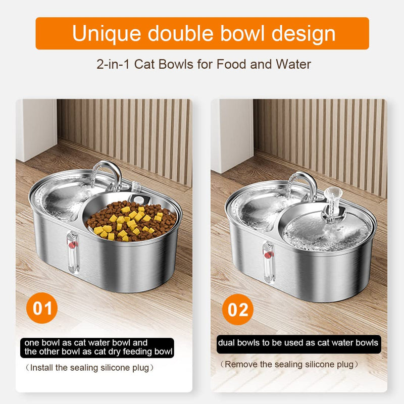 Dual Bowl Cat Water Fountain 3L/101oz,Stainless Steel Pet Drinking Fountain,2-in-1 Cat Bowls for Food-Wate(Water-Water),Ultra-Silent Automatic Dog Water Dispenser with Pump and 5 Filters 101oz/3L Cat Water Fountain - PawsPlanet Australia
