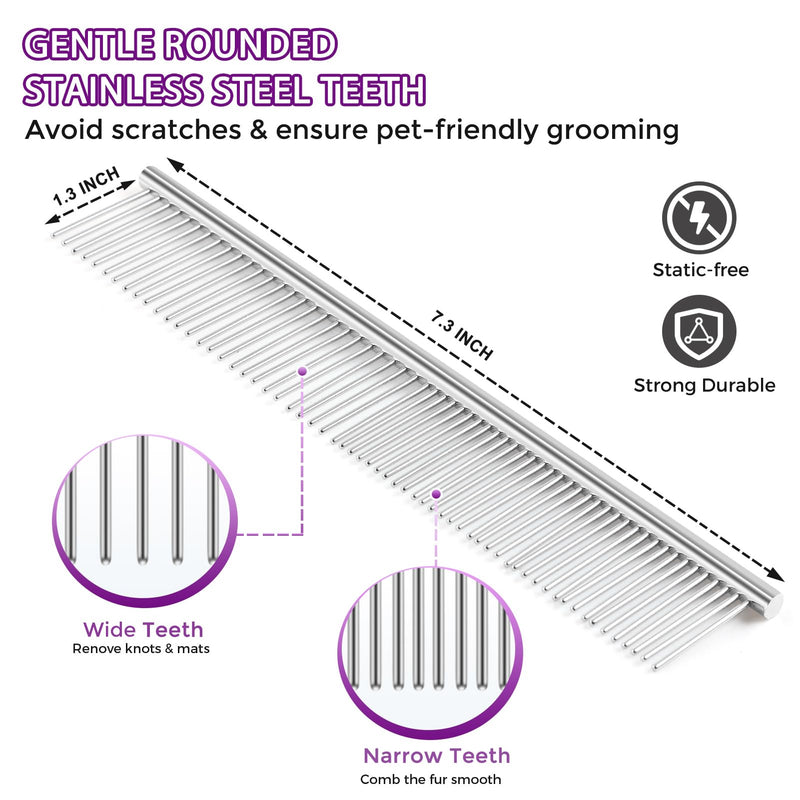 Dog Brush for Shedding, Self-Cleaning Slicker, 4 PCS Kit with Bath Brush, Flea & Steel Combs, Ideal for Short & Long Haired Pets, Removes Mats, Tangles, Fur, Gentle on Skin. Purple Purple 4 in 1 - PawsPlanet Australia