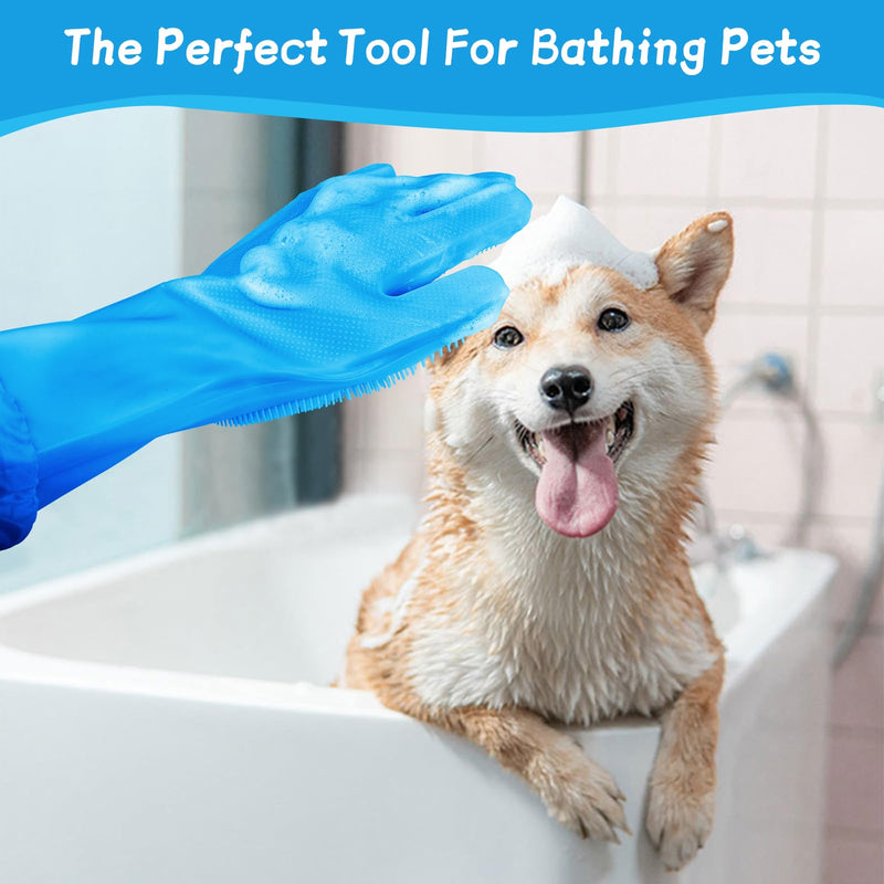 Dog Washing Gloves- Silicone Bathing Gloves for Dogs and Cats - Gloves with Extended Length Enhanced Five Finger Design for Gentle Massaging, Shedding & Cleaning - Comfortable for Pets(Blue) - PawsPlanet Australia