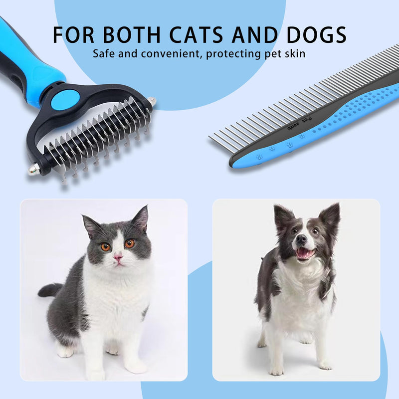 2 Piece Pet Grooming Rake and Brushes, Pet Combs, Dog Cat Comb, Stainless Steel Teeth, TPR Handle, 2-in-1 Single Sided Comb & Detangler for Dogs & Cats, for Removing Loose Hair, Mats, Tangles (Blue)