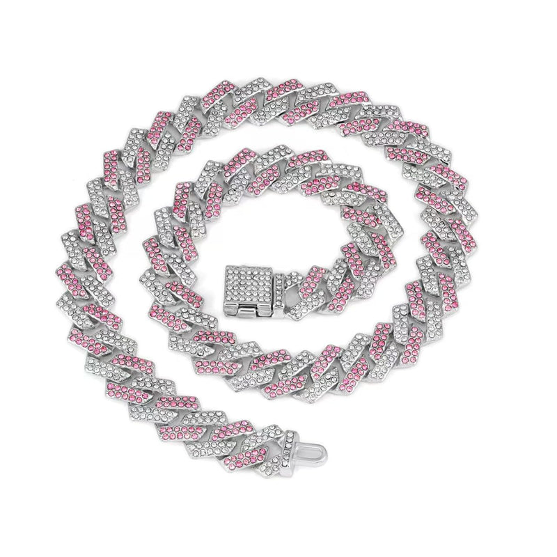 Pink Dog Chain Collar, Dog Necklaces Diamond Cuban Link Dog Collar Rhinestone Bling Glitter Metal Choke,Pet Jewelry for Puppy Small Medium Large Dogs (Pink 20inch) Pink 20 Inch - PawsPlanet Australia