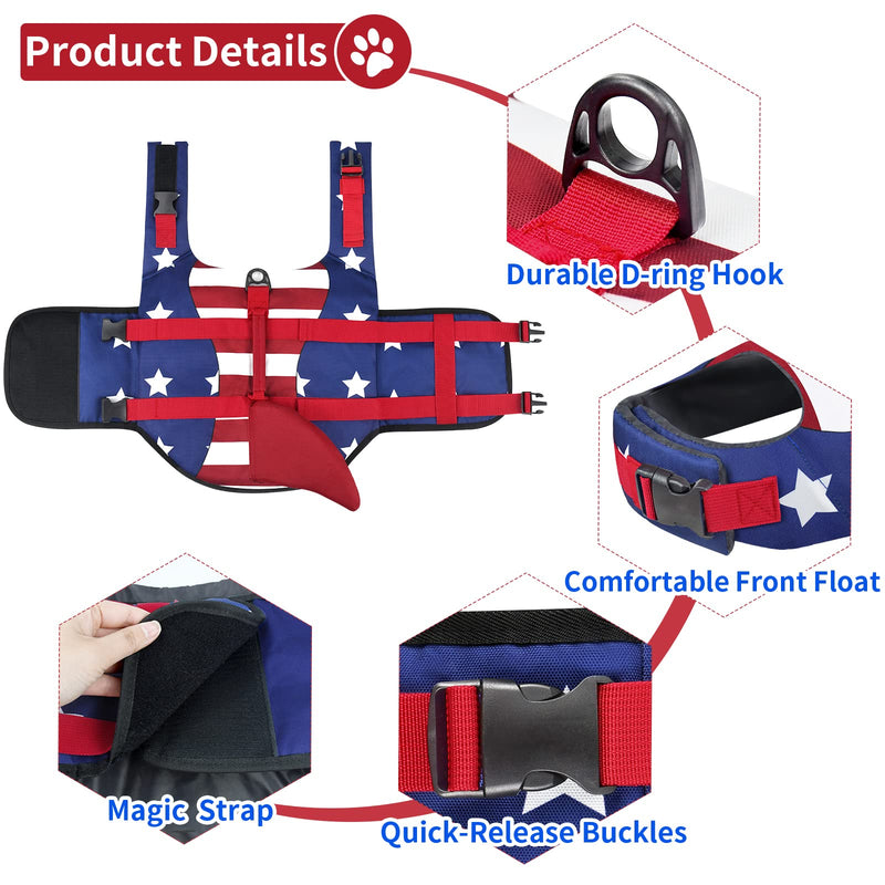 Malier Dog Life Jacket, Ripstop American Flag Dog Life Vest for Swimming Boating, Shark Puppy Lifesaver with High Buoyancy Swimsuit for Small Medium and Large Dogs (Small) Red & Dark blue - PawsPlanet Australia