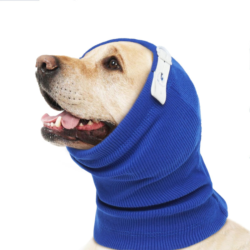 ROZKITCH Dog Calming Hoodie Dog Ears Cover, Ear Wrap for Dog Cat, Dog Ear Head Muff Protection Anxiety Relief Noise Canceling for Firework Pet Grooming Force Drying No Flap Dog Ear Protector Blue L L(Head Circumference:17.7"-29.5")