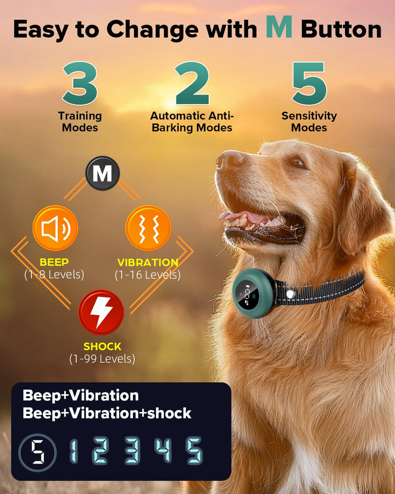 [New 2025] 2-in-1 Dog Shock Collar & Bark Collar – 3300FT Dog Training Collar with Remote, Automatic Anti-Barking, 5 Adjustable Sensitivity Levels, IP67 Waterproof E-Collar for Small Medium Large Dogs Green Calke - PawsPlanet Australia